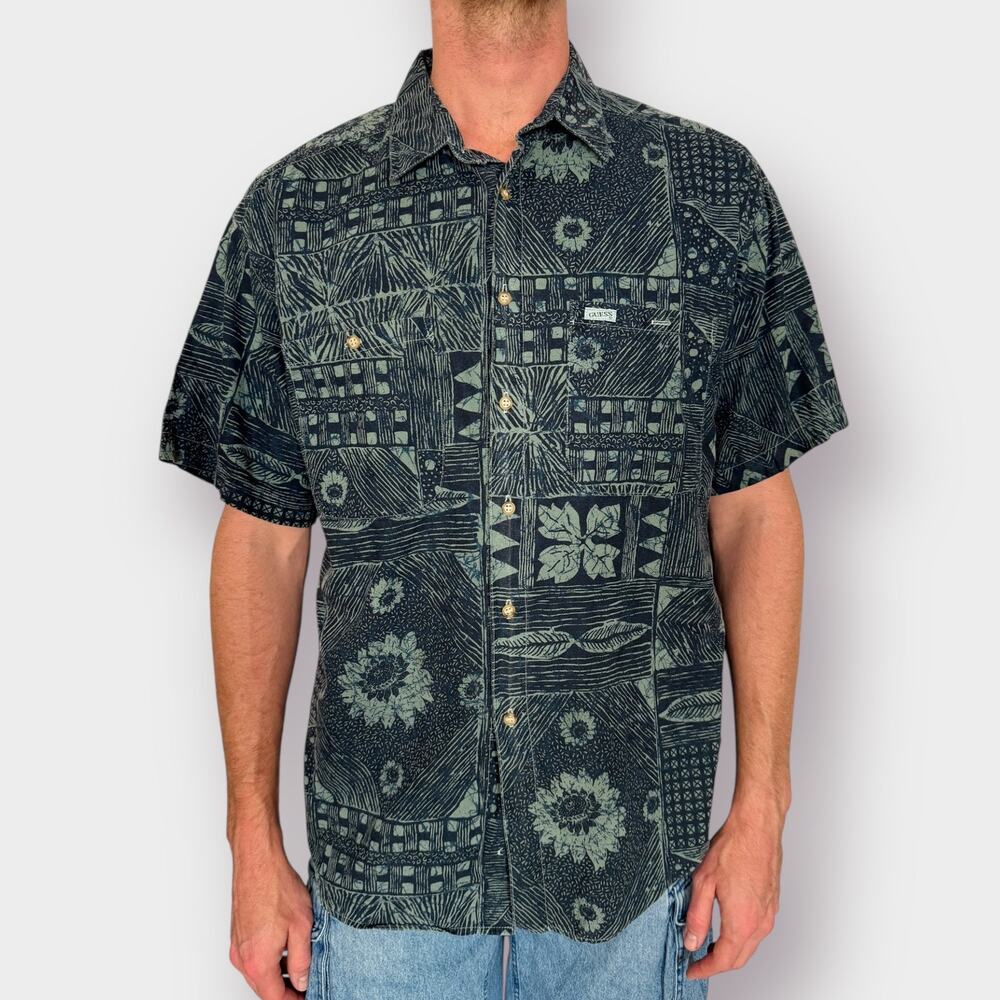 90s Guess Blue Short Sleeve Leaf Print